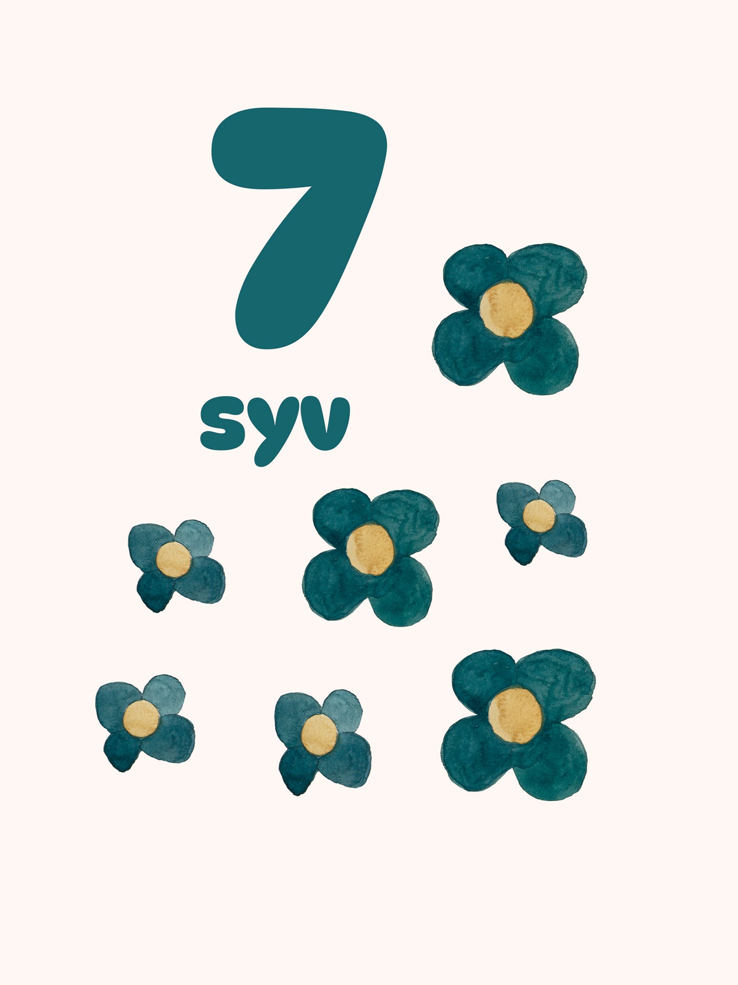Detalje af syv håndmalede blomster