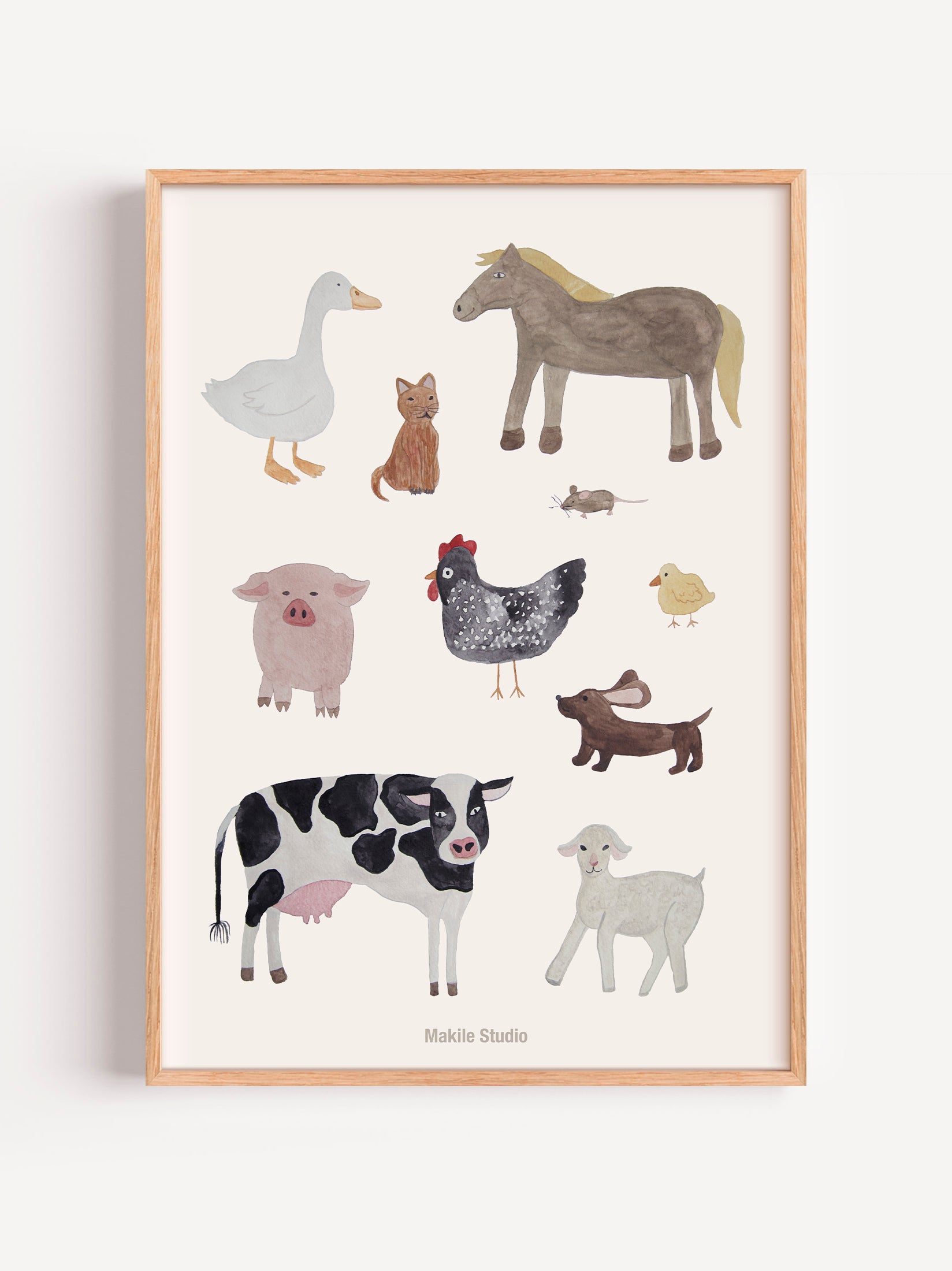 Håndmalet børneplakat med bondegårdsdyr som ko, hest, gris, gås, høne, lam og kat.