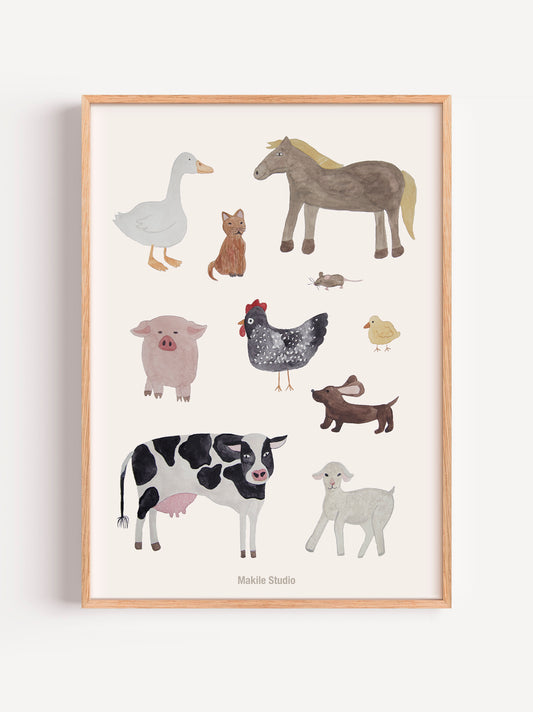 Håndmalet børneplakat med bondegårdsdyr som ko, hest, gris, gås, høne, lam og kat.