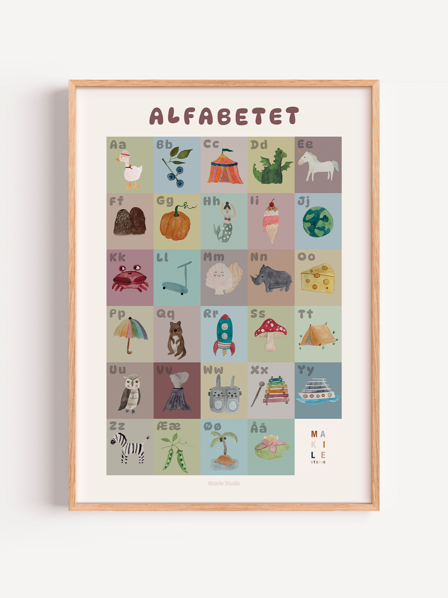 Håndmalet alfabetplakat med bogstaverne A–Å og farverige illustrationer af dyr, natur og hverdagsgenstande til børneværelset.