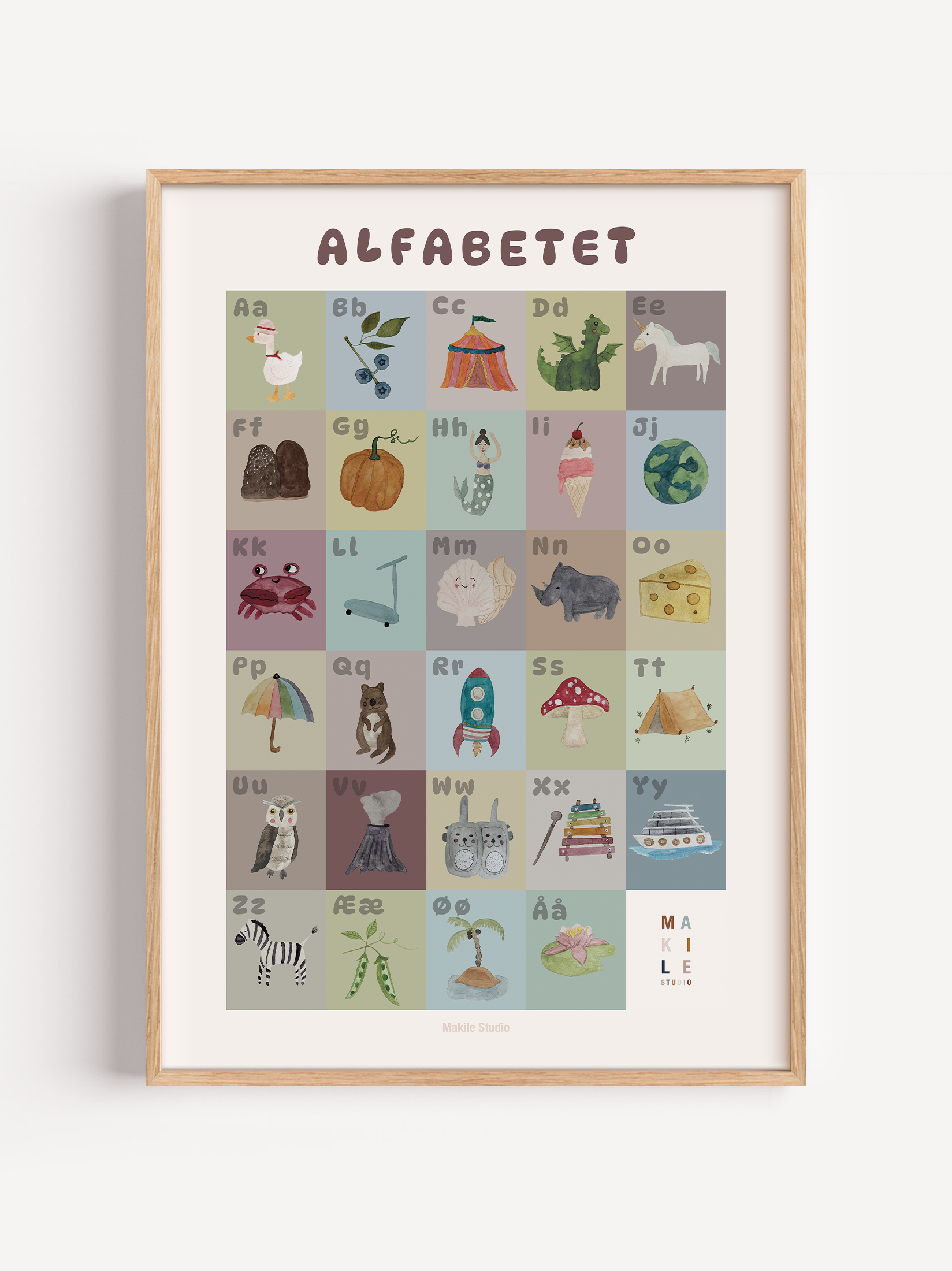 Håndmalet alfabetplakat med bogstaverne A–Å og farverige illustrationer af dyr, natur og hverdagsgenstande til børneværelset.